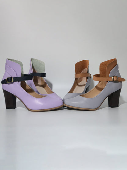 flowersverse Vintage Paneled Leather Mary Jane Block Heels