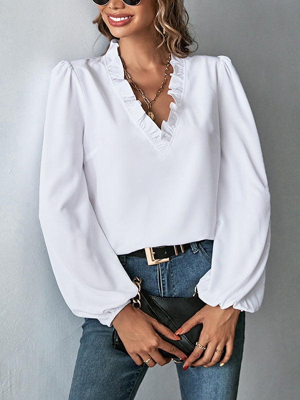 flowersverse Ruffled Solid Color Long Sleeves Loose V-Neck Blouses&Shirts Tops