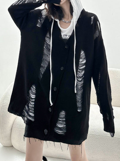 flowersverse Hollow Split-Joint Long Sleeves Loose V-Neck Cardigan Coats