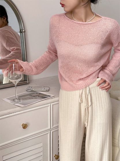 flowersverse Gentle Mohair Knitted Loose Long Sleeves Solid Color Thin Sweater Tops