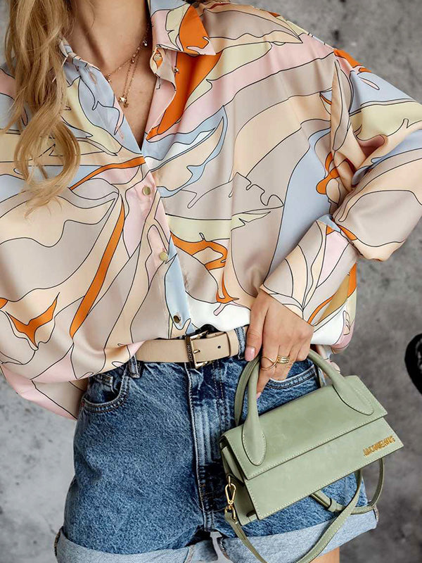 flowersverse Casual Loose Printed Lapel Collar Blouses&Shirts Tops