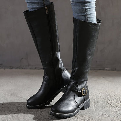 flowersverse Autumn Boots  Women's Boots Riding Boots Knee High Boots Chunky Heel Round Toe PU Zipper Solid Colored Black Yellow Brown