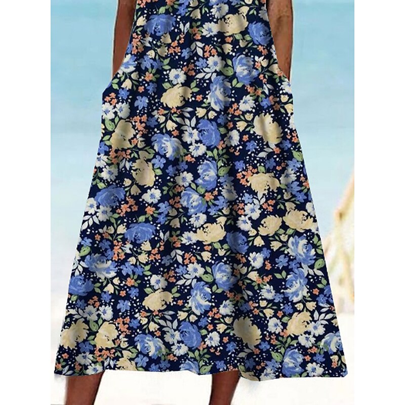 flowersverse Women's Casual Dress Tank Dress Floral Dress Floral Pocket Print Crew Neck Midi Dress Fashion Modern Daily Holiday Sleeveless Regular Fit Blue Summer Spring S M L XL XXL