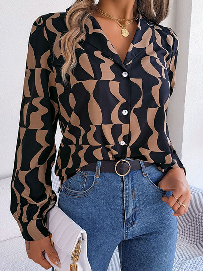 flowersverse Buttoned Contrast Color Long Sleeves Notched Collar Blouses&Shirts Tops