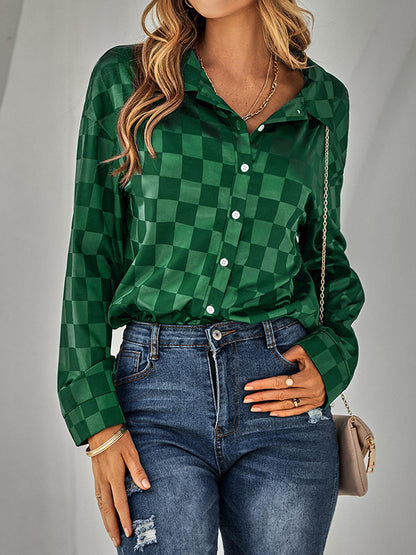 flowersverse Buttoned Plaid Long Sleeves Loose Lapel Blouses&shirts Tops