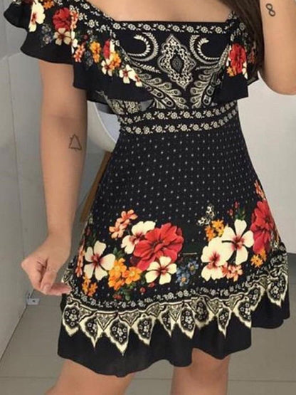 flowersverse Short Sleeve Statement Square Neck A-Line Knitting Dress