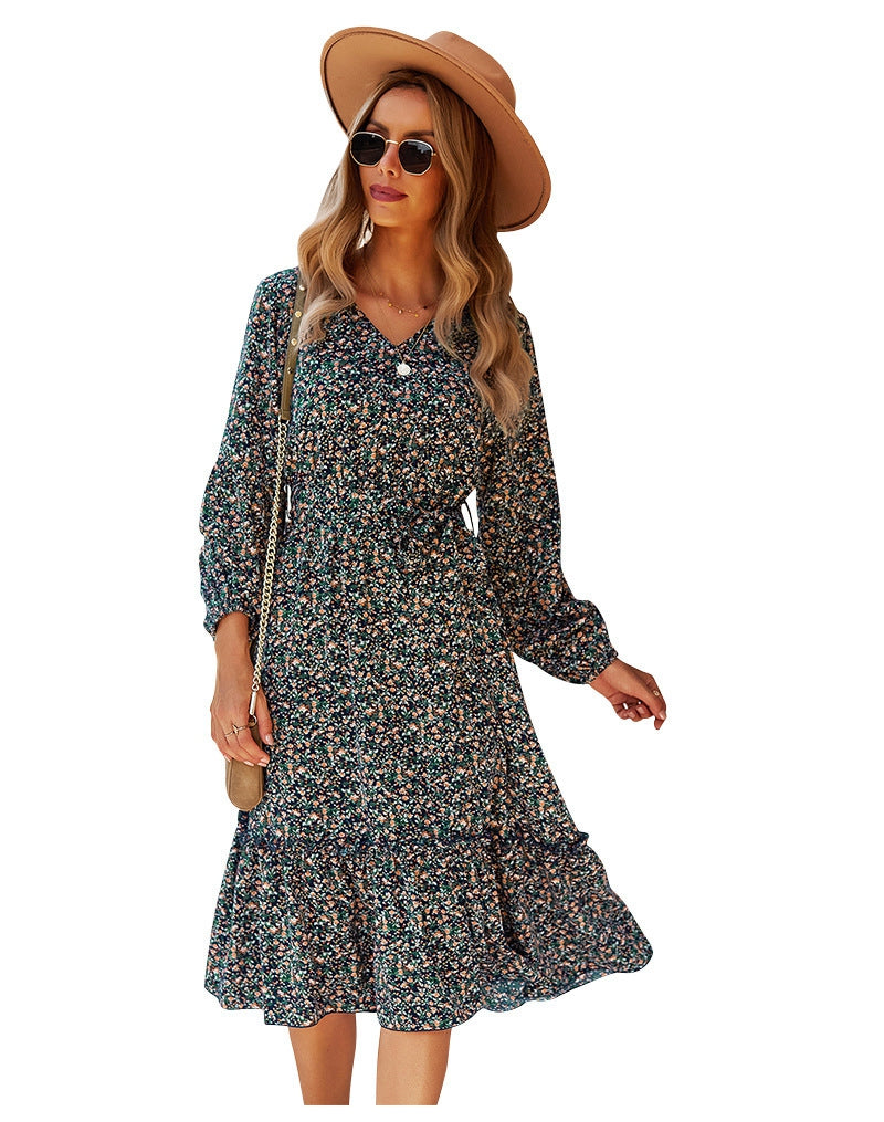 flowersverse Autumn Winter Sexy V Neck Print Dress Women Casual Full Sleeve Bandage Medium Long Floral Dresses High Wasit