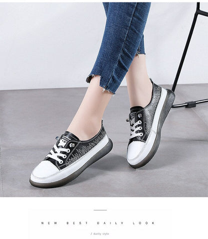 flowersverse Women's Leather Sneakers Women Casual Fashionable Sports Shoes Vulcanized Woman Summer Flat Shoe Ladies White Lacing 40