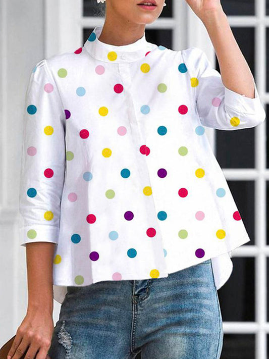 flowersverse Three-Quarter Sleeves Polka-Dot Stand Collar Blouses&Shirts Tops