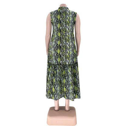 flowersverse Summer Stand Collar Sleeveless Print Plus Size Women's Stylish Loose Long Dress