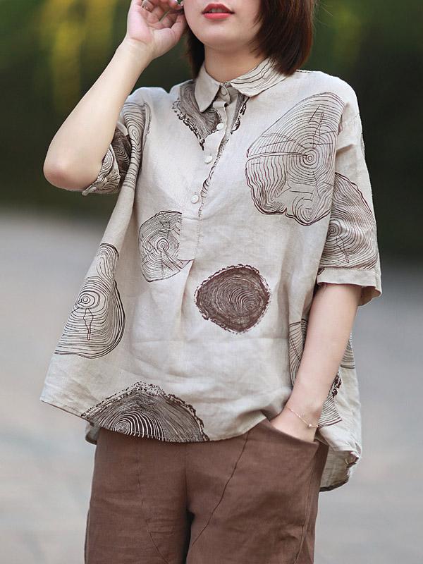 flowersverse Ramie Cotton Loose Annual Ring Pattern Shirt Tops