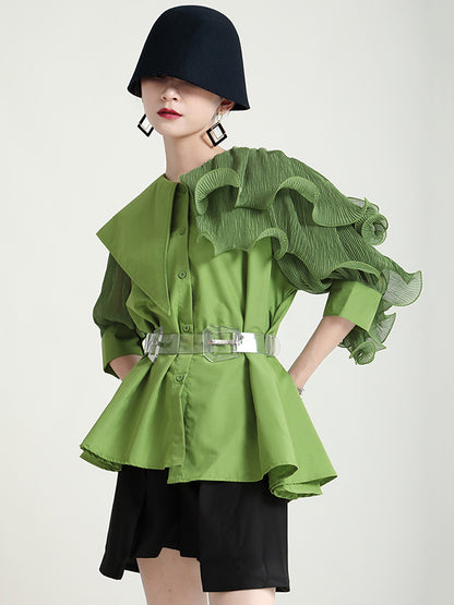 flowersverse Stylish Asymmetric Split-Joint Falbala With Belted Half Sleeves Blouses