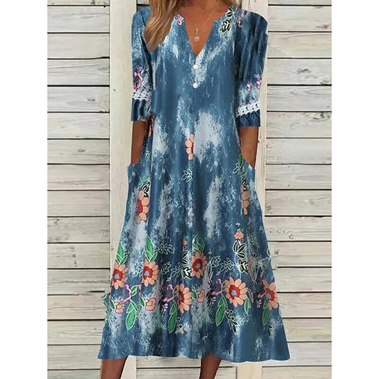 flowersverse Women's Casual Dress Summer Dress Print Dress Floral Pocket Lace Trim V Neck Midi Dress Fashion Mature Outdoor Daily Half Sleeve Loose Fit Blue Spring Summer S M L XL XXL