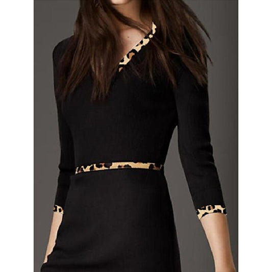 flowersverse Women's Casual Dress Church Dress Midi Dress Black 3/4 Length Sleeve Leopard Print Winter Fall Autumn V Neck Business Office Slim Retro M L XL XXL XXXL