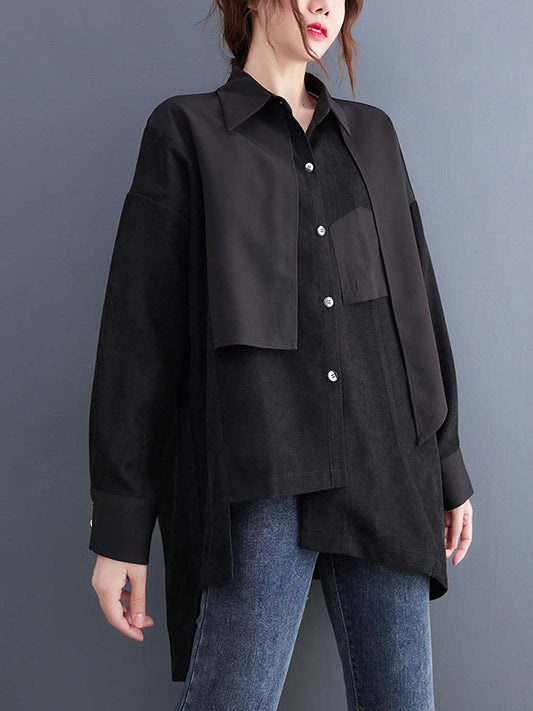 flowersverse Original Irregular Split-Joint Buttoned Lapel Collar Long Sleeves Blouse