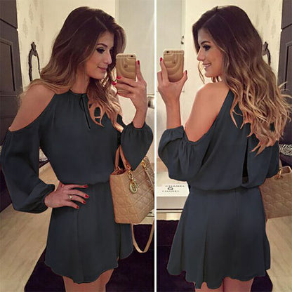 flowersverse Chiffon Off Shoulder Sling Long Sleeve Casual Solid Dress