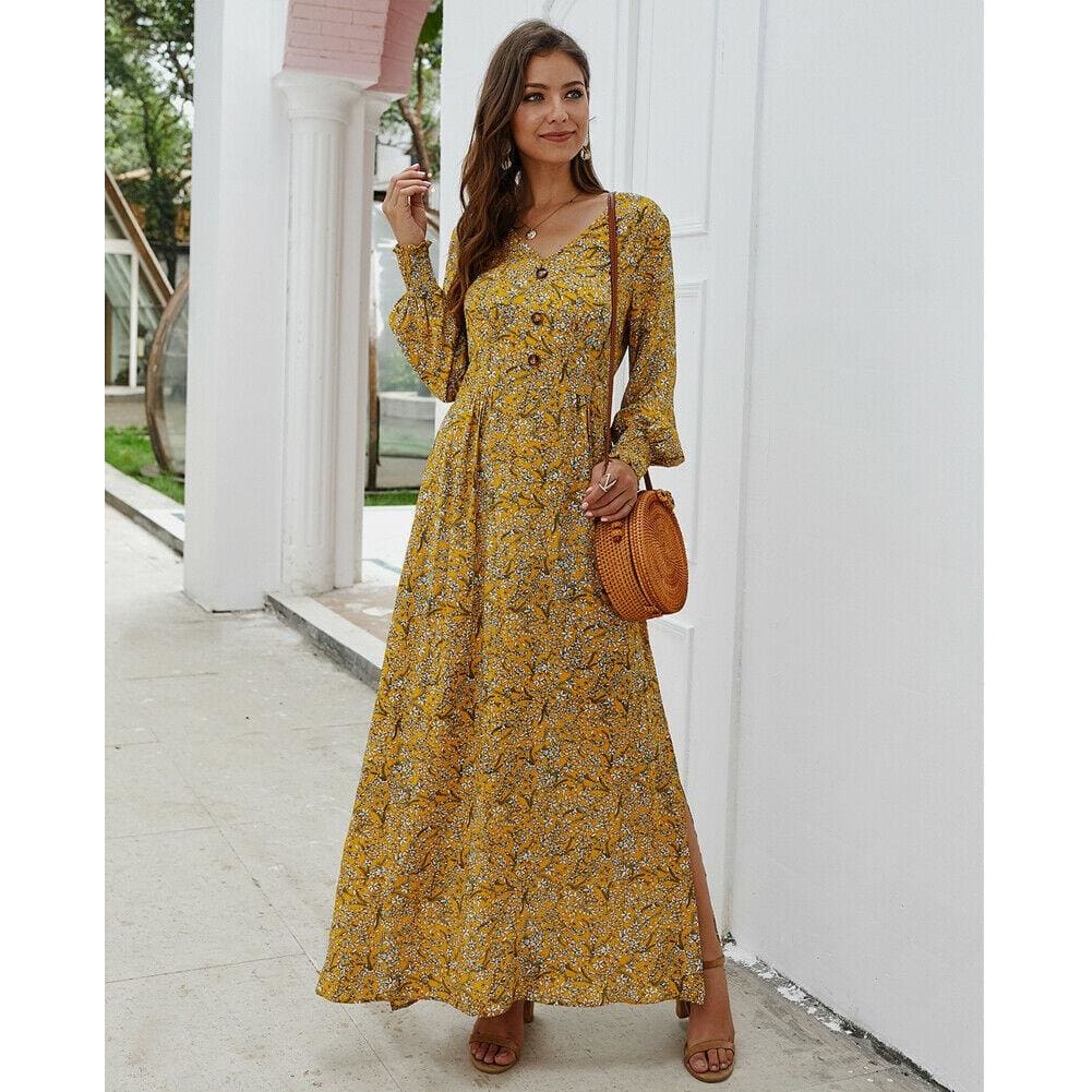 flowersverse Women Ladies Long Lantern Sleeve Autumn Dress Floral Autumn Pre-fall Holiday Buttons Maxi Dress