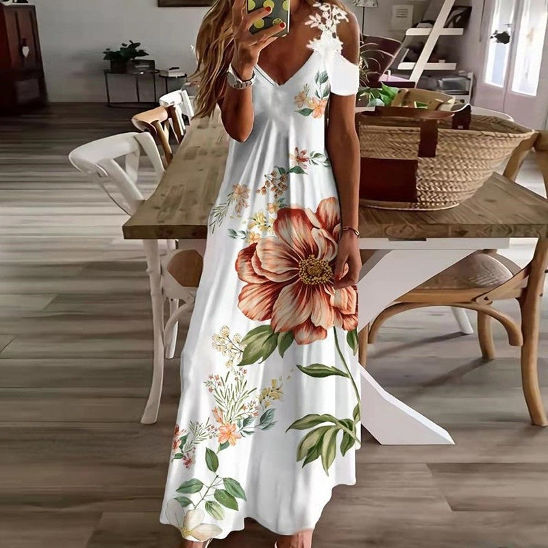 flowersverse Floral Loose V Neck Casual Striped Maxi Dress