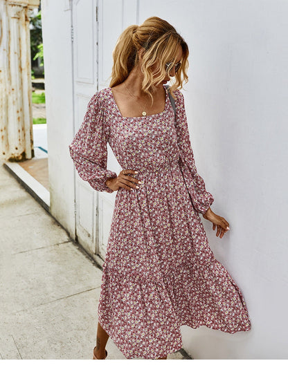 flowersverse Retro Ladies Square Collar Floral Long Dress Autumn Winter Women High Waist Full Sleeve Elegant Chic Dress