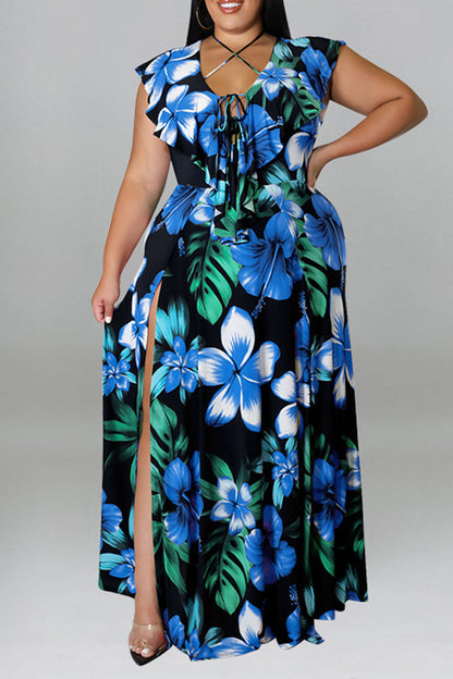 flowersverse Floral Print Strapped Side Slit Dress