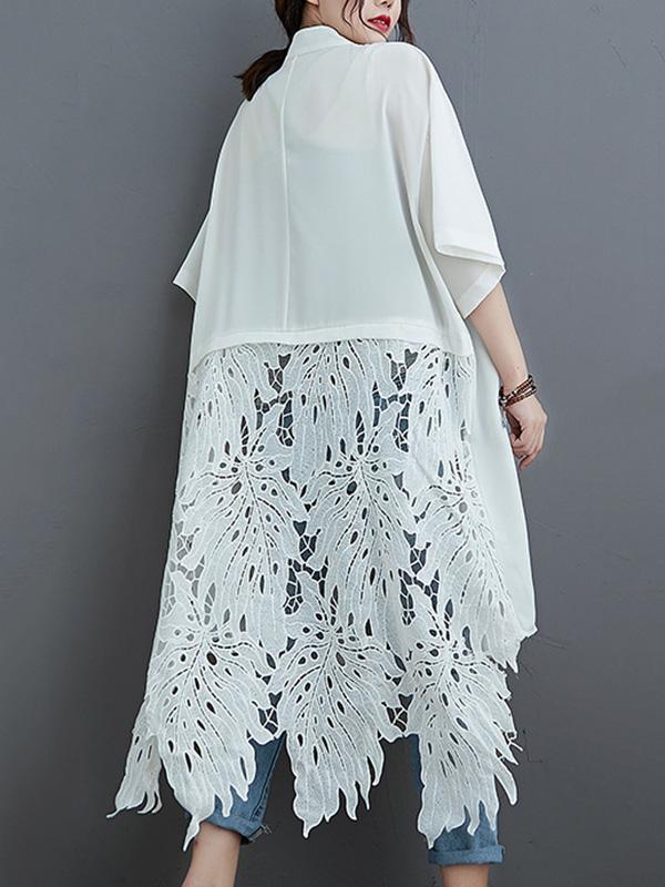 flowersverse Loose Split-Joint Hollow Solid Long Blouse