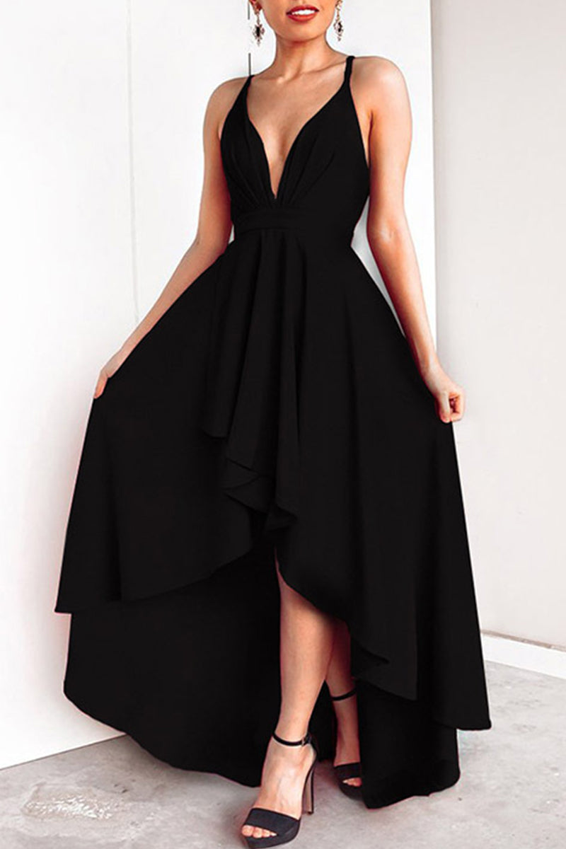 flowersverse Sexy Formal Solid Asymmetrical V Neck Dresses