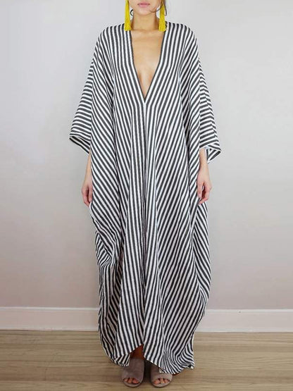 flowersverse Batwing Sleeves Loose Striped V-Back Deep V-Neck Maxi Dresses