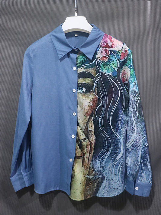 flowersverse Stylish Asymmetric Floral Printed Lapel Long Sleeves Blouse Tops