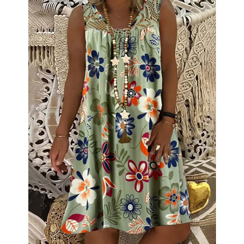 flowersverse Women's Plus Size Curve A Line Dress Floral Round Neck Lace Sleeveless Spring Summer Casual Knee Length Dress Causal Daily Dress / Print