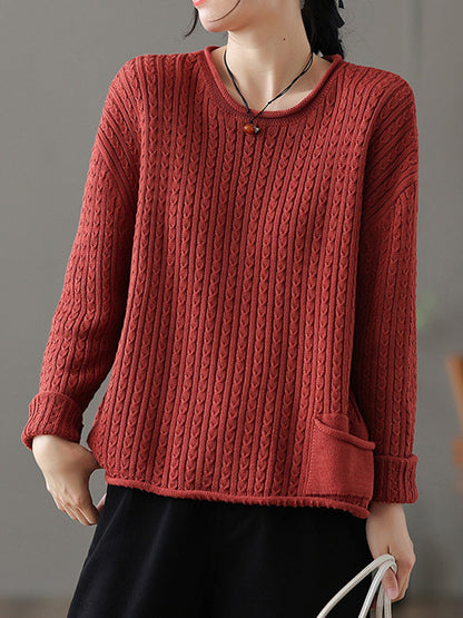 flowersverse Artistic Retro Loose Long Sleeves Jacquard Solid Color Round-Neck Sweater Tops