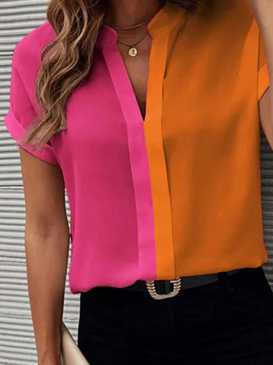 flowersverse Short Sleeves Contrast Color Split-Joint V-Neck Blouses&Shirts Tops