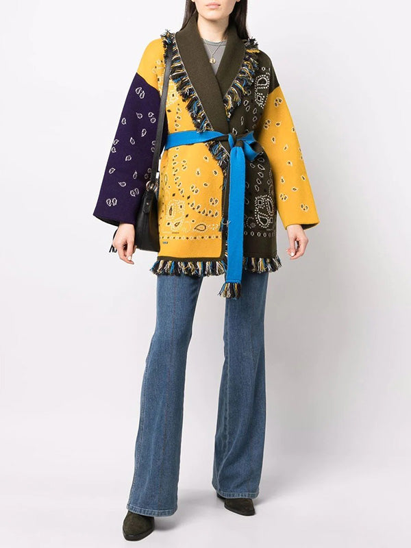 flowersverse Casual Loose Lace-Up Tasseled Patchwork Coat