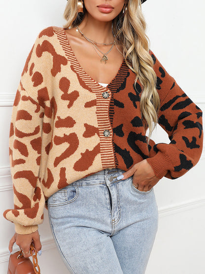 flowersverse Buttoned Leopard Split-Joint Long Sleeves Loose V-Neck Cardigan Tops