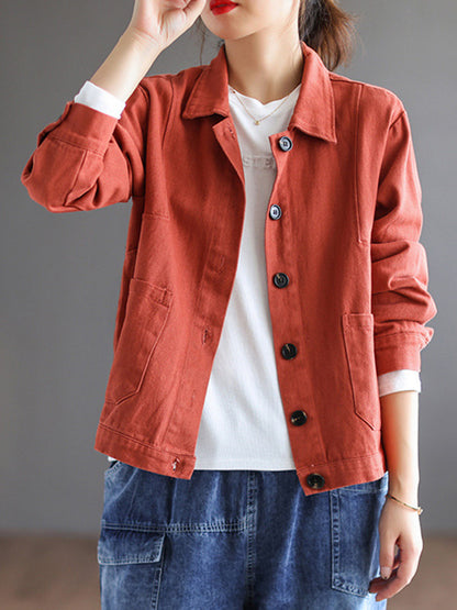 flowersverse Vintage Loose Long Sleeves Buttoned Solid Color Lapel Collar Outerwear