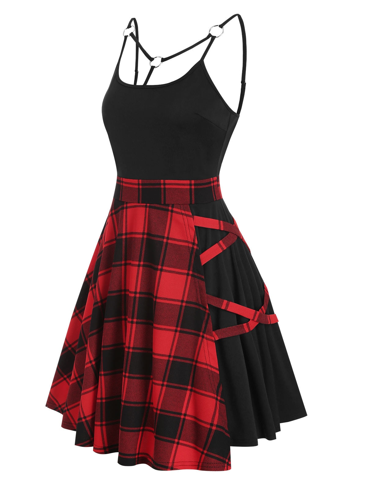 flowersverse Gothic Casual Dress Plus Size 3XL Tartan Plaid Panel Crisscross Cami A Line Dress Sleeveless High Waist Mini Party Dress