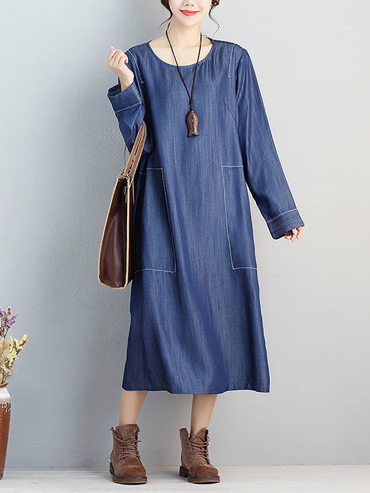 flowersverse Women Casual Spring Simple Round Neck Loose Dress
