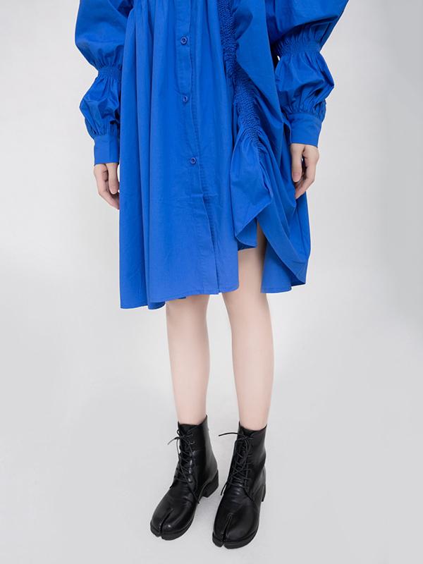 flowersverse Blue Loose Pleated Cropped Blouse Dress