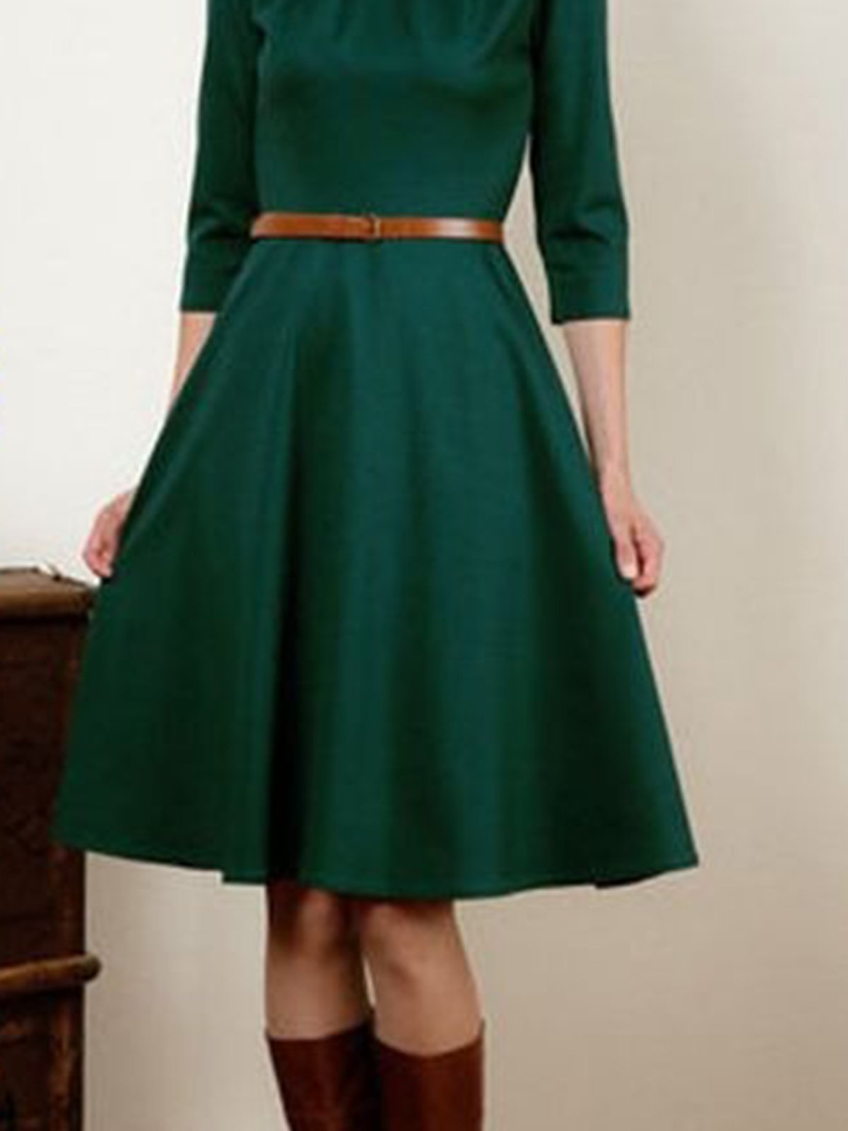 flowersverse Green Vintage Casual 3/4 Sleeve A-Line Weaving Dress