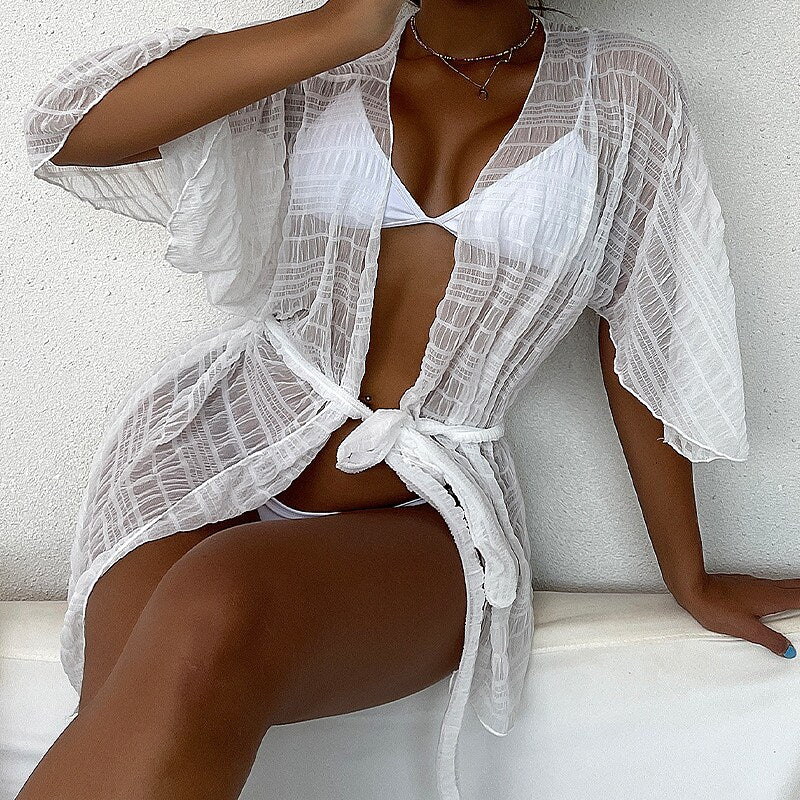 flowersverse Women's Swimwear Cover Up Beach Top Normal Swimsuit Lace up Pure Color White Bathing Suits New Vacation Fashion / Sexy / Modern