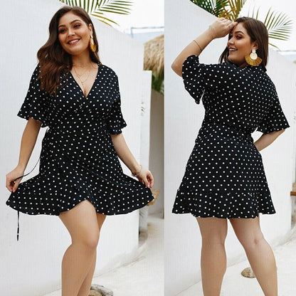 flowersverse Plus Size Women Summer High Waist Polka Dot Boho Beach Dress New Fashion Ladies Beach Dress Casual Short Sleeve V-Neck Sundress