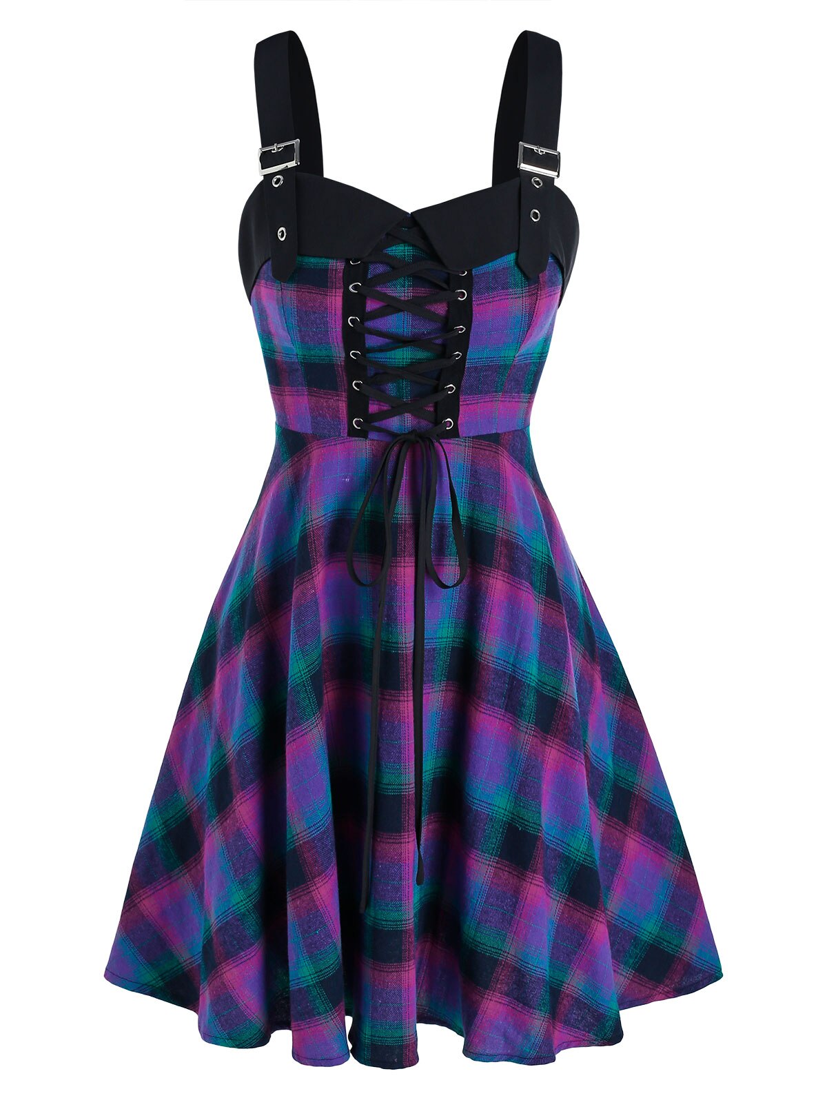 flowersverse Gothic Casual Dress Plus Size 3XL Tartan Plaid Panel Crisscross Cami A Line Dress Sleeveless High Waist Mini Party Dress