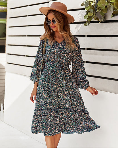 flowersverse Autumn Winter Sexy V Neck Print Dress Women Casual Full Sleeve Bandage Medium Long Floral Dresses High Wasit