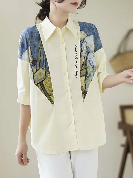 flowersverse Printed Half Sleeves Loose Lapel Blouses&shirts Tops