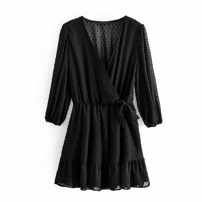 flowersverse Sexy V-Neck Slim Lantern Sleeve Tulle Jacquard High Waist A-Line Pleated Skirt Black Dresses