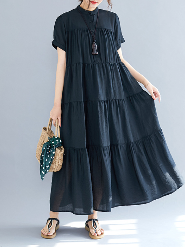 flowersverse Vintage Loose Split-Joint Pleated Short Sleeves Round-Neck Midi Dress