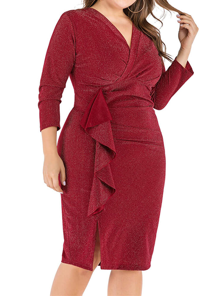 flowersverse Plus Size V Neck Ruched Midi Dress