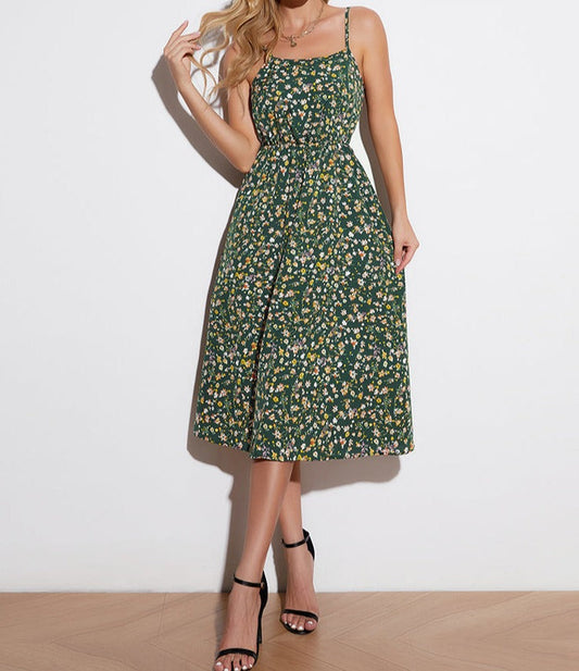 flowersverse Ditsy Floral Tied Spaghetti Strap Dress