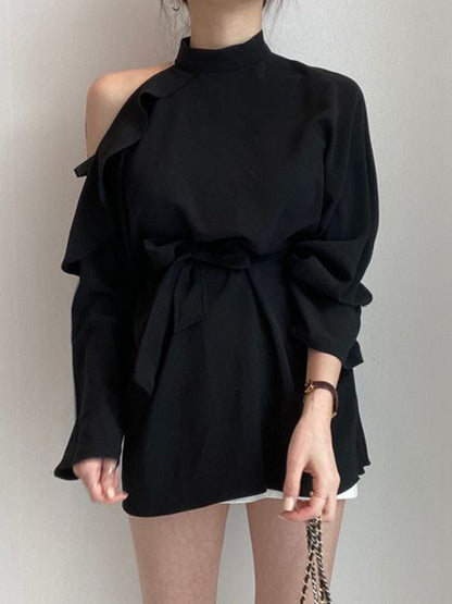 flowersverse Asymmetric Hollow Ruffled Solid Color Tied Waist Long Sleeves Loose Mock Neck Blouses&Shirts Tops