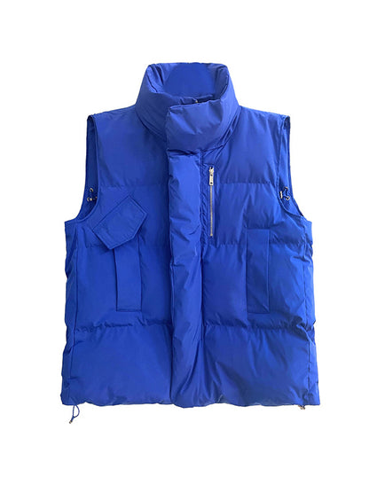 flowersverse Pockets Quilted Solid Color Velvet Zipper Loose Sleeveless Stand Collar Vest Outerwear Padded Coat