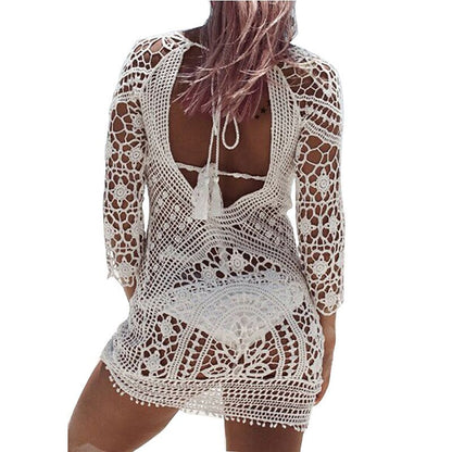 flowersverse Women's Swimwear Cover Up Beach Dress Normal Swimsuit Tassel Hole Pure Color White Black Beige V Wire Bathing Suits New Vacation Fashion / Sexy / Modern